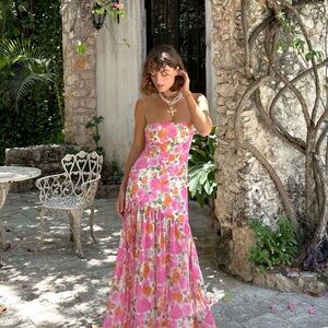 12th Tribe Pink Floral Strapless Maxi Dress